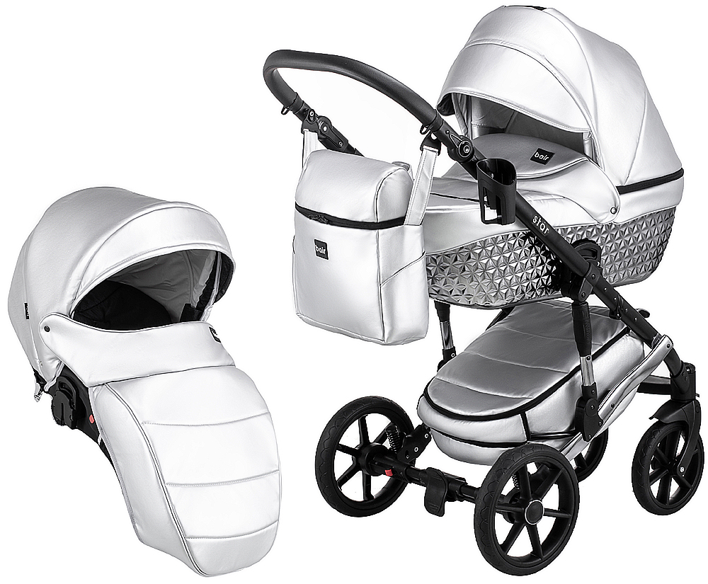 Коляска 2 в 1 Bair Star (Silver) кожа 100% 46S серебро (перламутр) - графитовая люлька