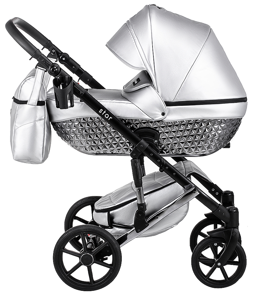 Коляска 2 в 1 Bair Star (Silver) кожа 100% 46S серебро (перламутр) - графитовая люлька