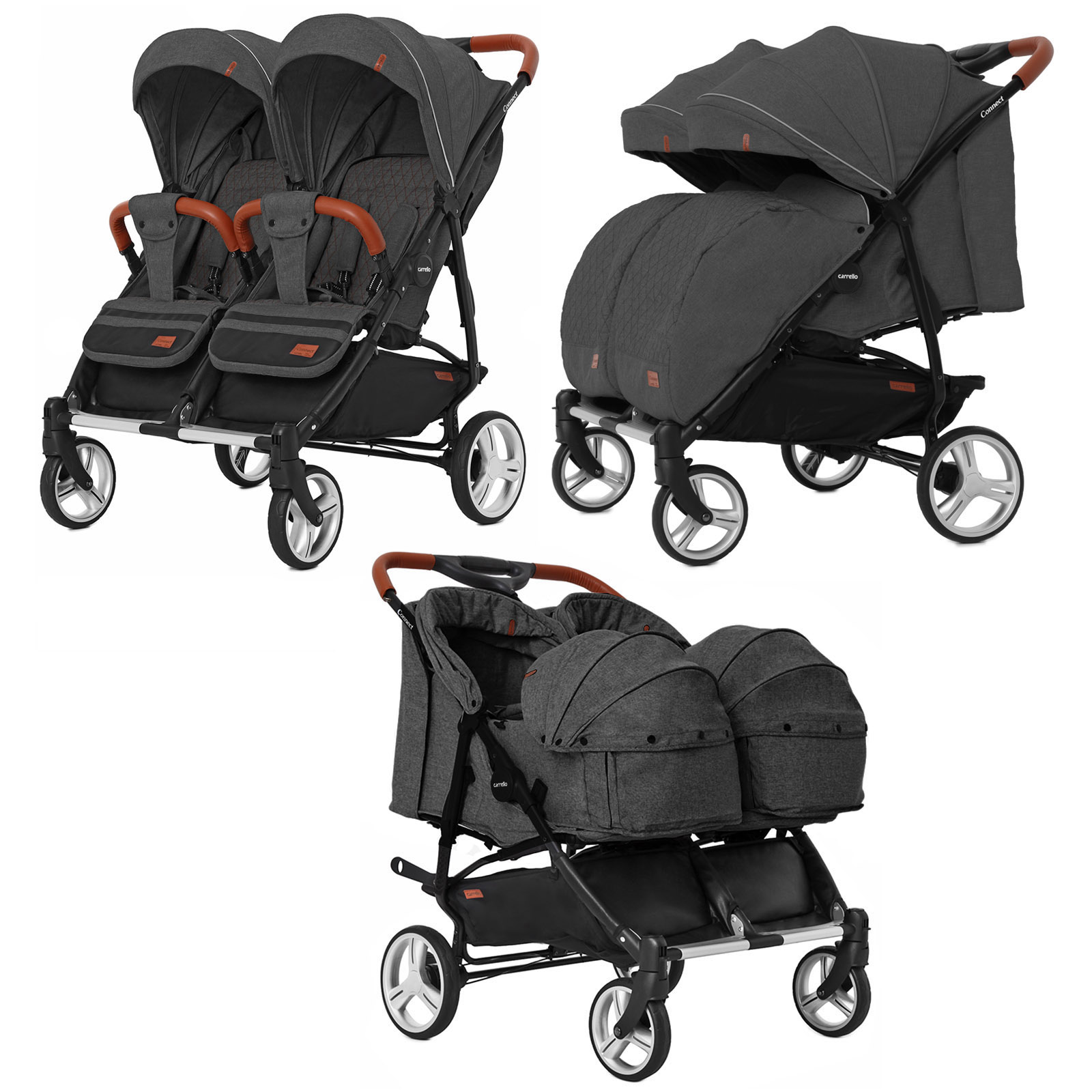 Коляска прогулочная CARRELLO Connect CRL-5502/1 Serious Black для двойни, c переноск +дождев /1/ MOQ