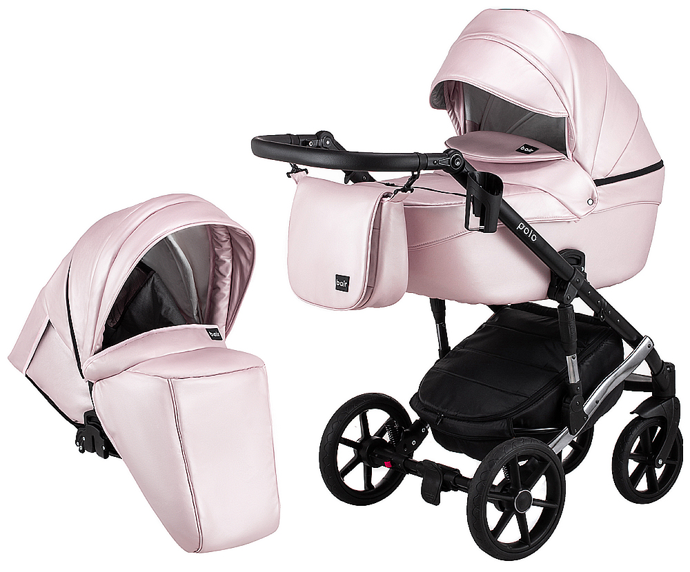 Коляска 2 в 1 Bair Polo (Silver) кожа 100% 39S розовый (перламутр)