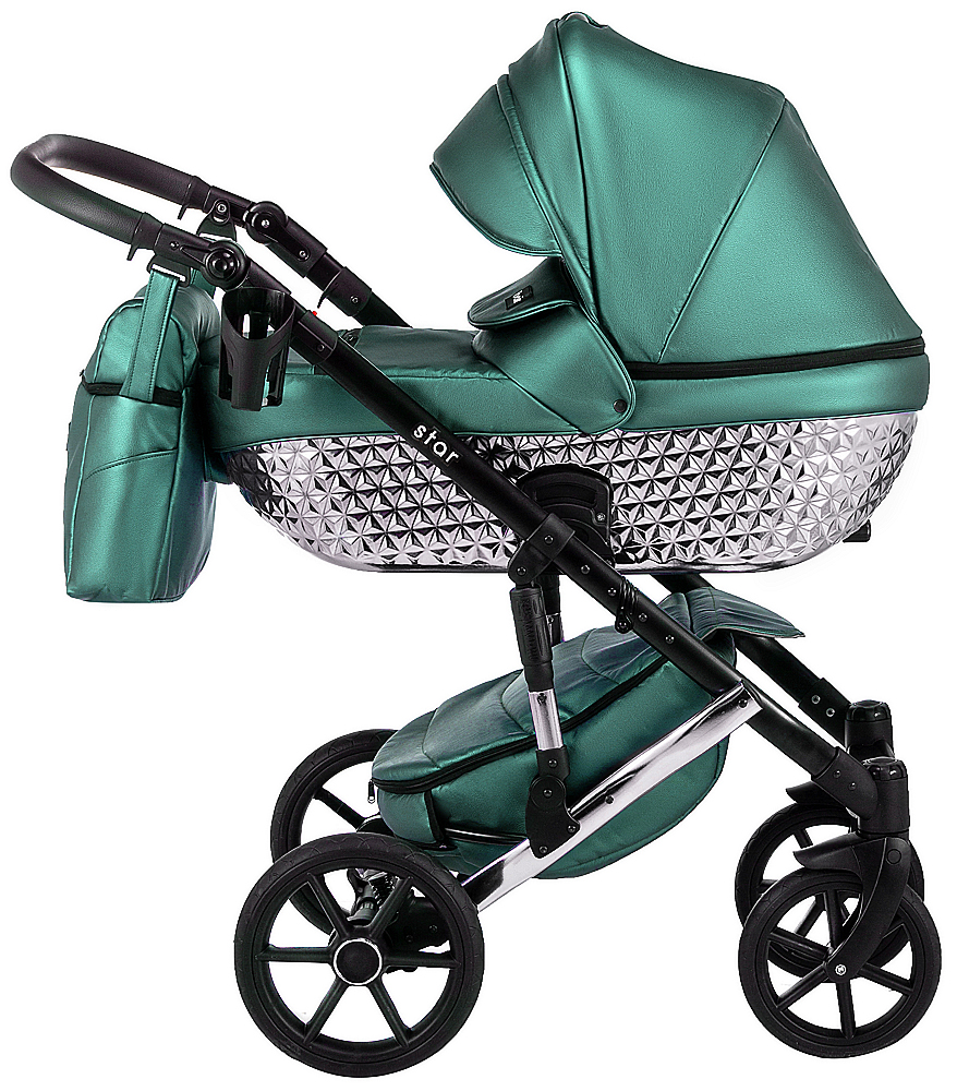 Коляска 2 в 1 Bair Star (Silver) кожа 100% 41S зеленый (перламутр) - графитовая люлька