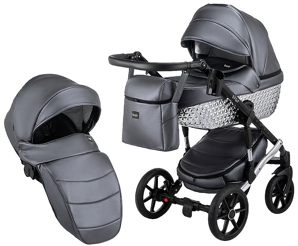 Коляска 2 в 1 Bair Star (Silver) кожа 100% 33S графит (перламутр) - графитовая люлька