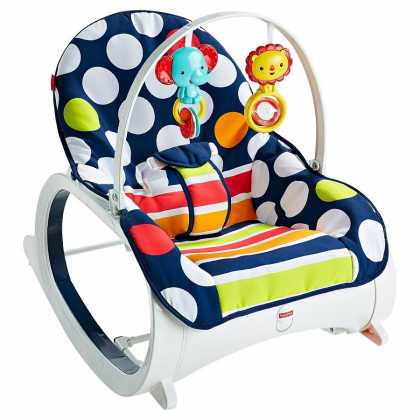 Детское кресло-качели шезлонг Fisher-Price СИНИЙ ГОРОШЕК для новорожденных и для 3-х леток