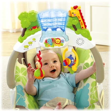 Шезлонг Fisher Price ДЖУНГЛИ НОВЫЙ Rainforest Deluxe Bouncer с игровой панелью