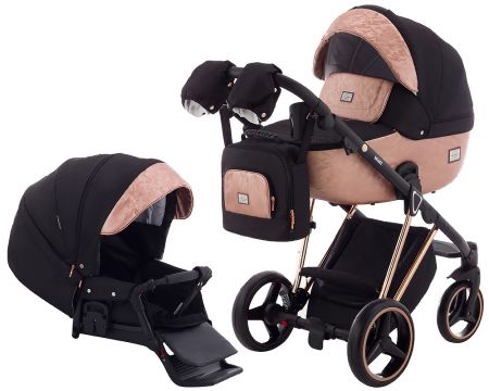 Коляска 2 в 1 Adamex Mimi Polar (Pink Gold) BR604 черный (люрикс) - медный (принт) кожа (выдавленная точка)