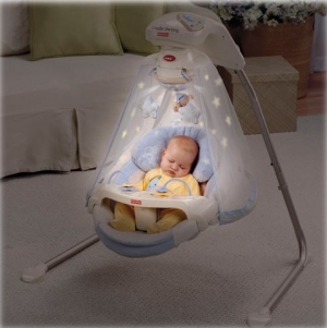 Fisher-Price колыбель-качели,  укачивающий центр для новорожденных  «Звездное сияние» (Starlight Papasan, Periwinkle) США